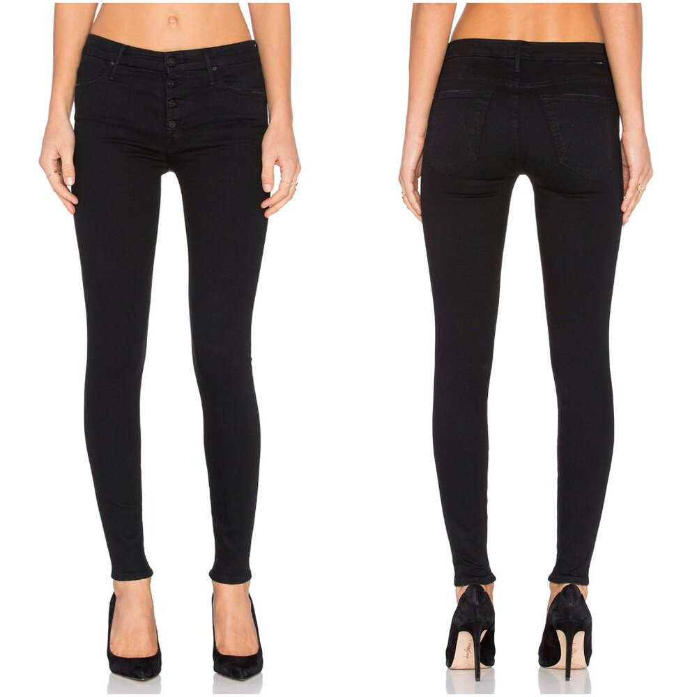 NWT Mother The Pixie Skinny Jeans Not Guilty Black Exposed Button Fly 23, 26